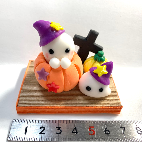 ピンク♡ハロウィンおばけとねこちゃん ☆ハロウィンのかぼちゃinおばけちゃん (受注生産) 樹脂粘土