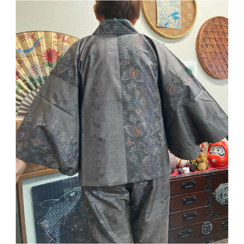 上質 本マルキ(10マルキ)大島紬の作務衣 着物リメイク セットアップ 