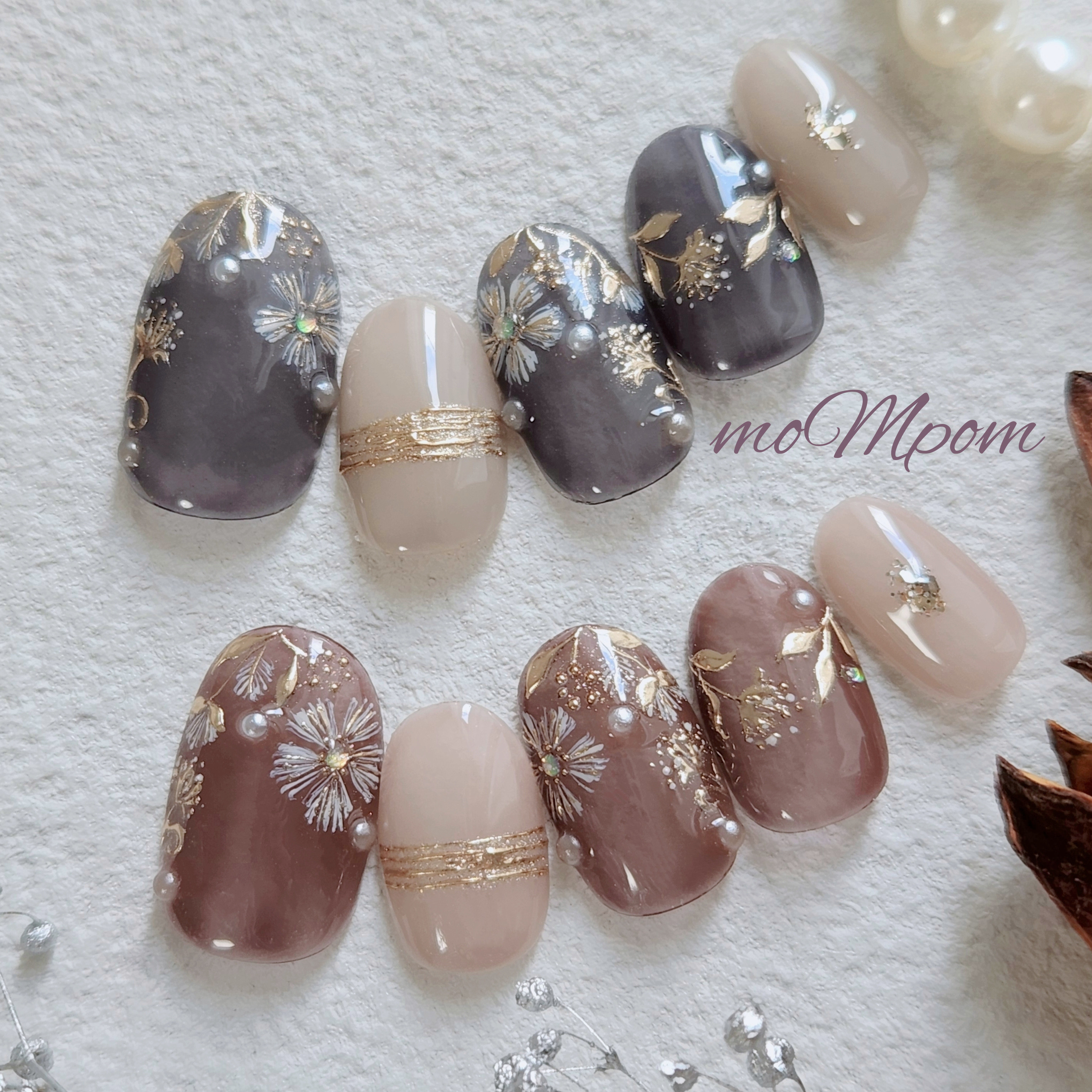 ネイルチップ　お花　フラワー　着物　和装　振袖　お呼ばれ　上品　インド刺繍　ミラーネイル　秋　ブラウン　ネイビー