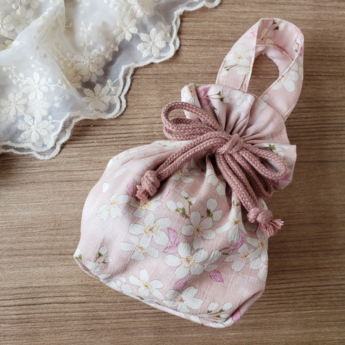 七五三 》ころんと巾着バッグ ピンク 桜 花柄刺繍 かすみそう 七五三