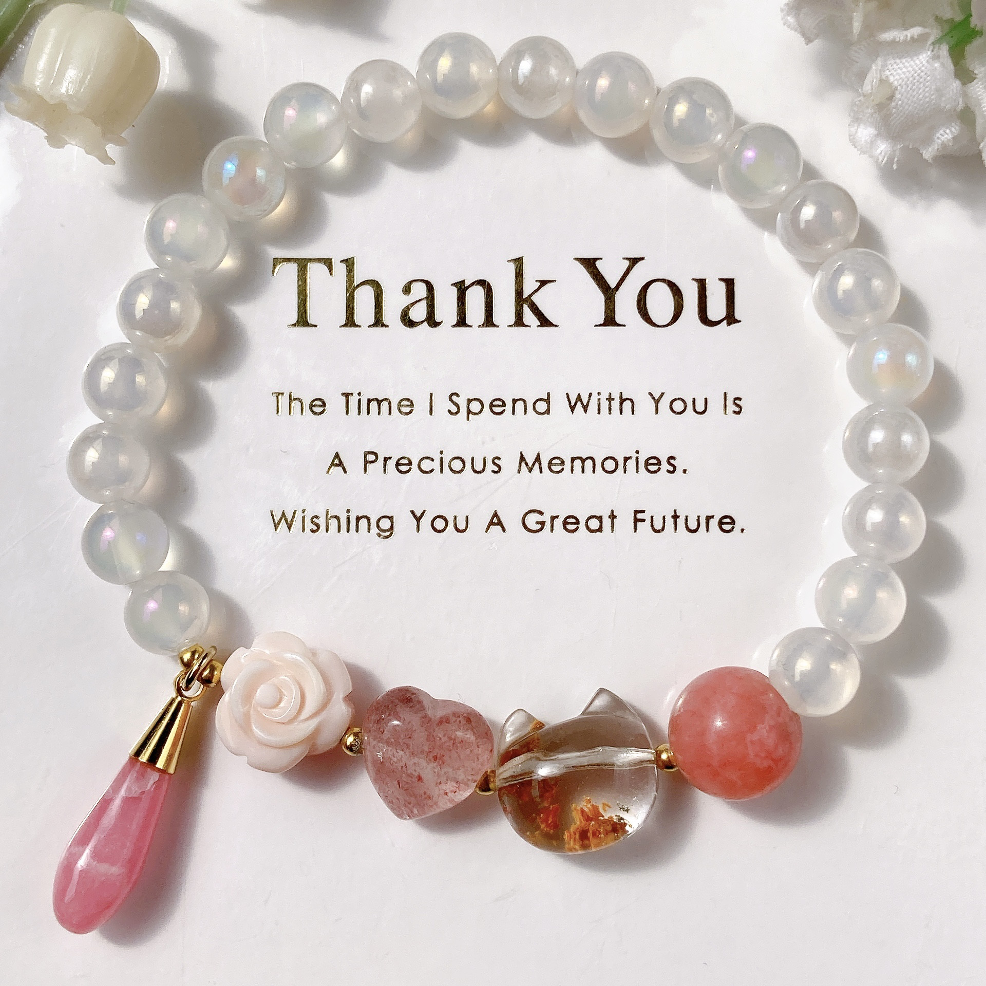 ˚✧₊⁎一点のみ˚✧₊⁎ガーデンクォーツ猫ちゃんインカローズチャーム天然石ブレスレット