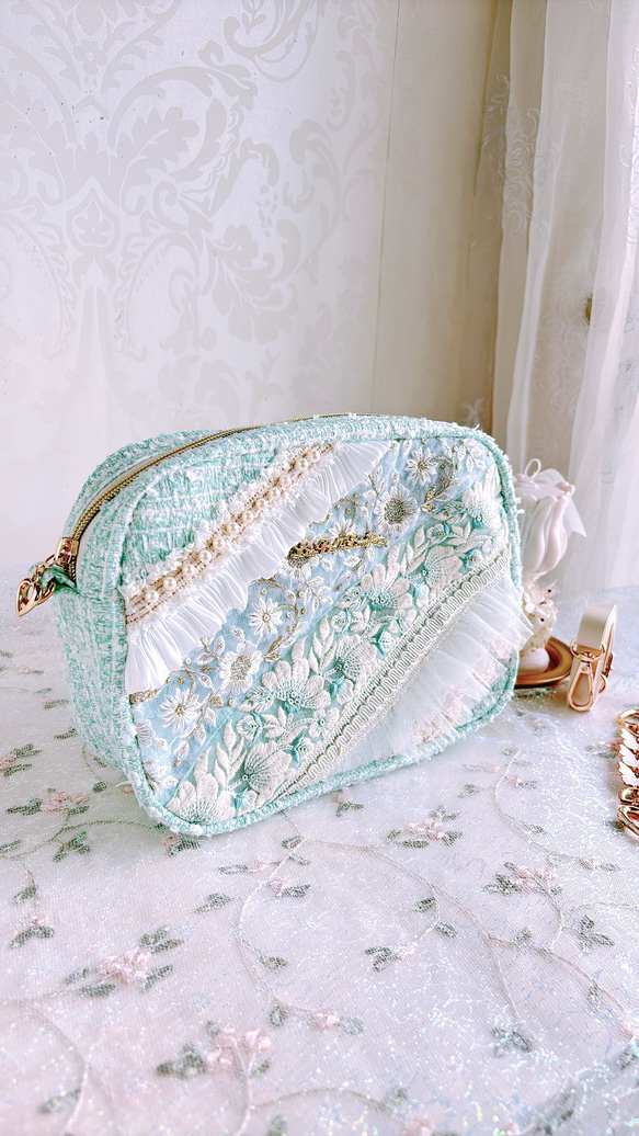 ツイードポシェット インド刺繍リボンポシェット【ミント】 ポシェット