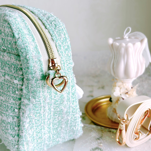 ツイードポシェット インド刺繍リボンポシェット【ミント】 ポシェット