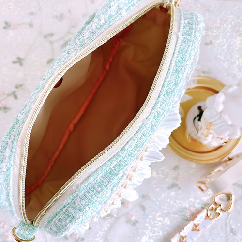 ツイードポシェット インド刺繍リボンポシェット【ミント】 ポシェット