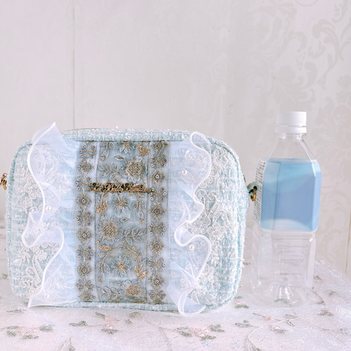 ツイードポシェット インド刺繍リボンポシェット【ミント】 ポシェット