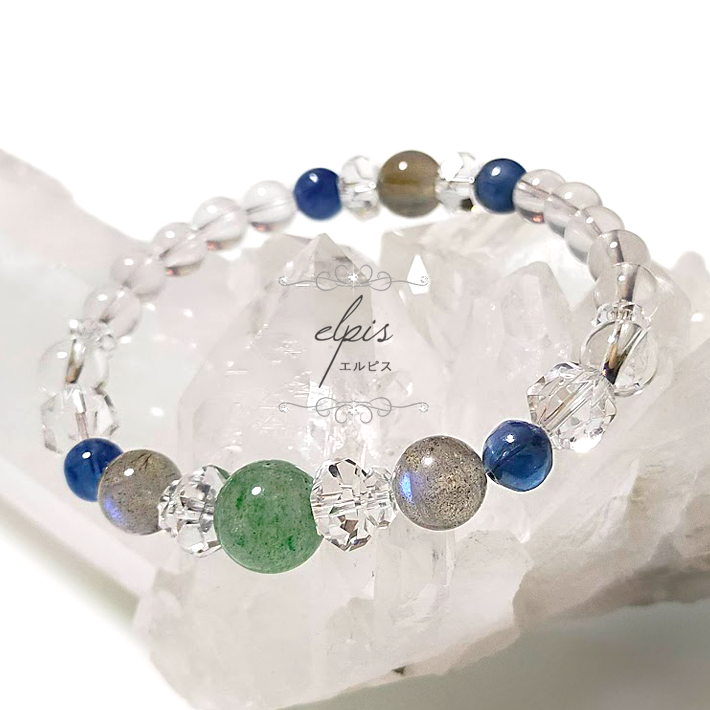 グリーンクォーツ＆ラブラドライト＆カイヤナイト＆カット水晶＆ヒマラヤ水晶＆メタモルフォーゼスクォーツのブレスレット