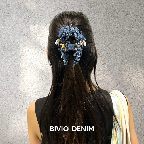 国産デニムフリンジダブルリボンのバンスクリップ ヘアクリップ