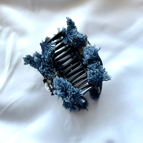 国産デニムフリンジダブルリボンのバンスクリップ ヘアクリップ