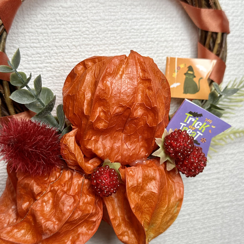 パンプキンカラーのほおずきリース ハロウィン リース Harukien