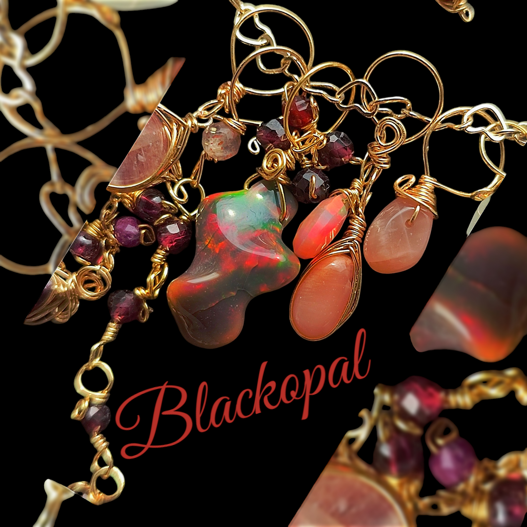 14kgf 最高品質　稀少 遊色ブラックオパール 原石　ガーネットネックレス 　イヤ−カフ　ピアス　4way