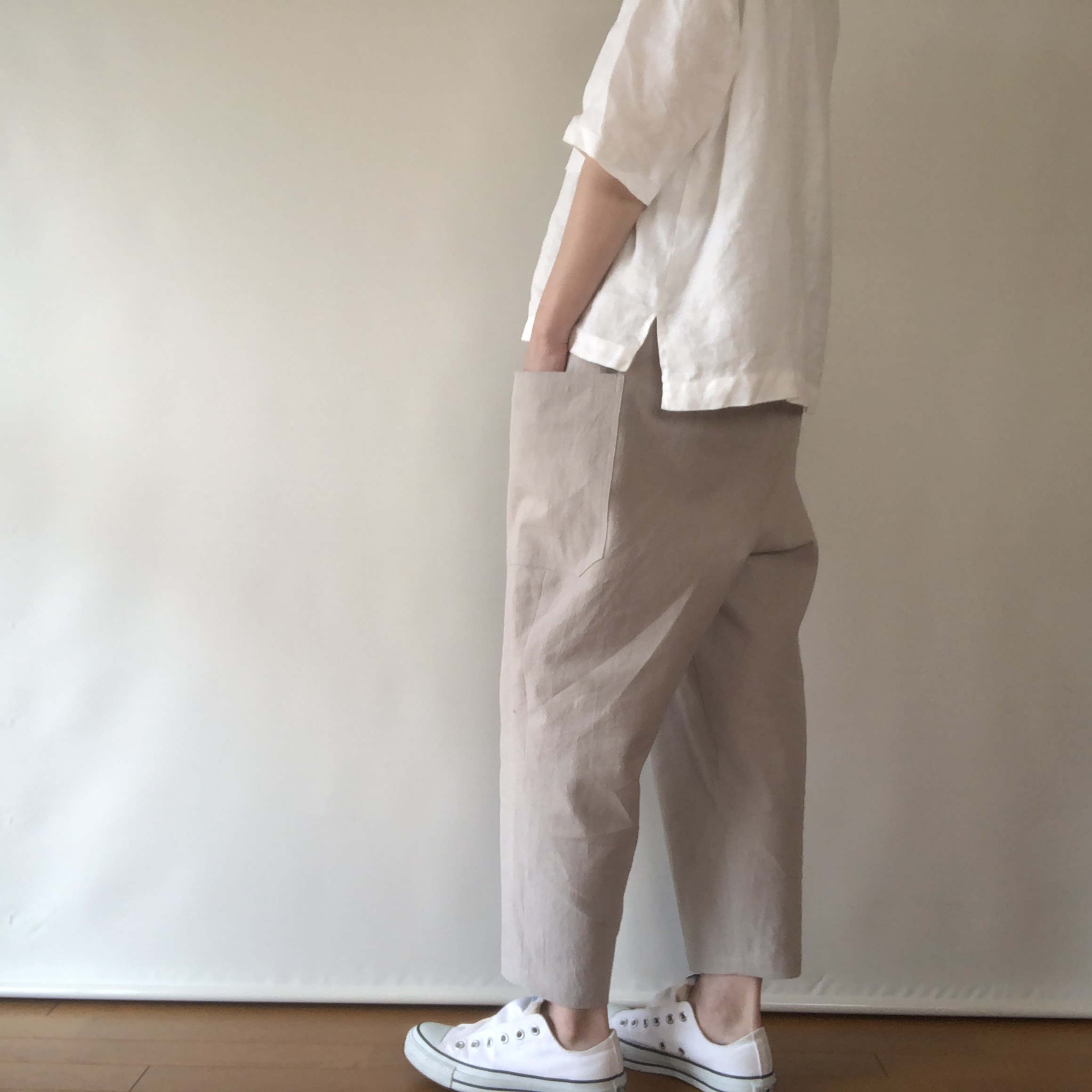【受注】きれいめサルエルパンツ ＊着丈が選べる ＊ コットンリネンキャンバス ＊サンドグレージュ 6,106円