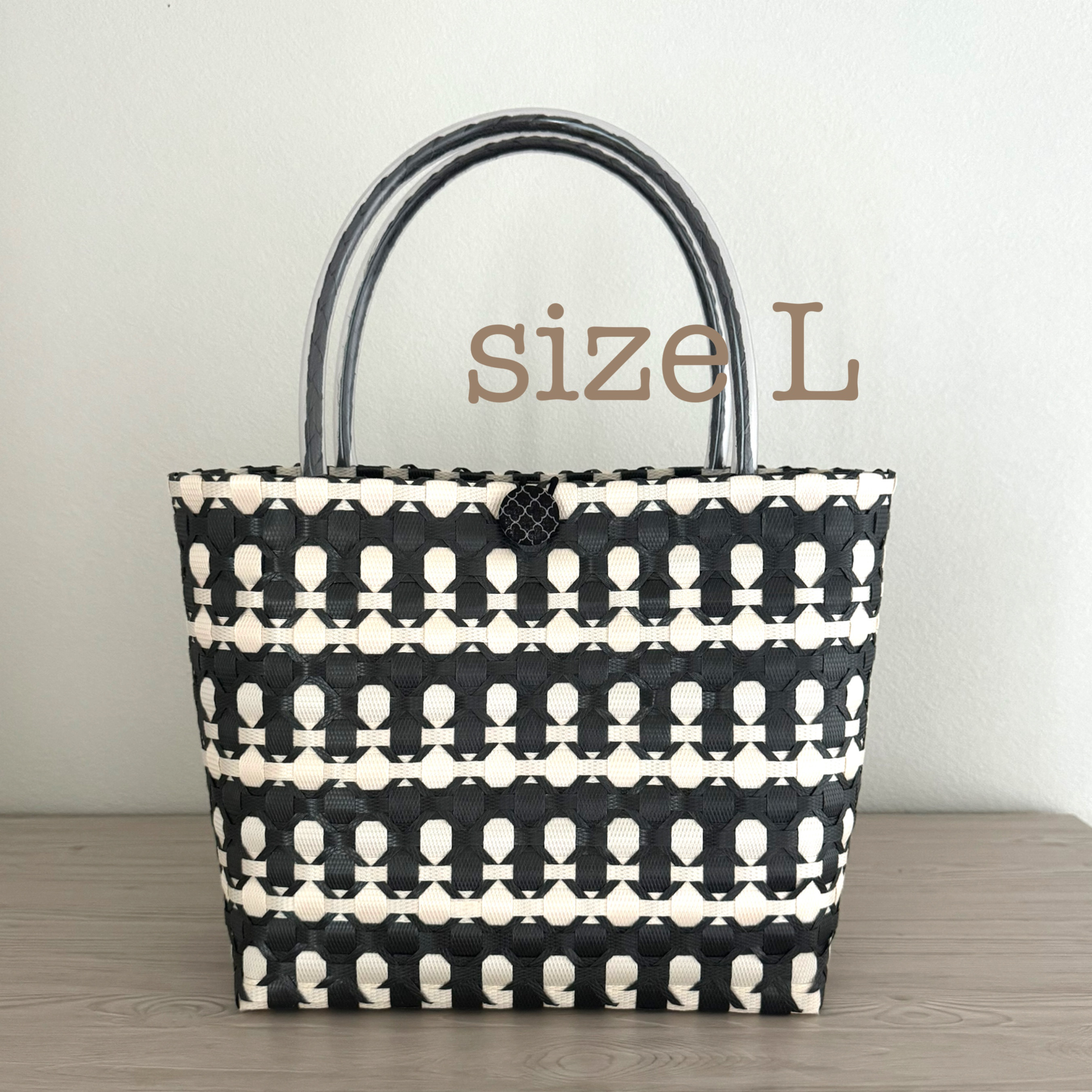 プラカゴ 黒xアイボリー Lサイズ 軽量 エコバッグ PPバンド