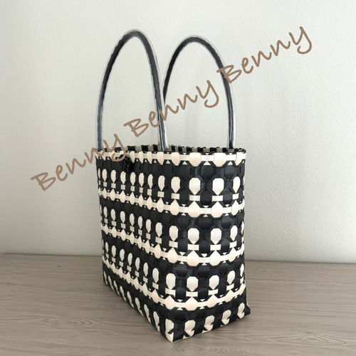 プラカゴ 黒xアイボリー Lサイズ 軽量 エコバッグ PPバンド オール