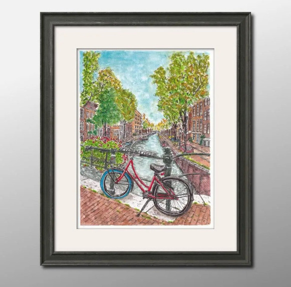 自転車で寄り道 2006年作 水彩画：自転車と風景 紅葉 アートの専門通販 ｜インテリア絵画 K Ikuko. | 絵画