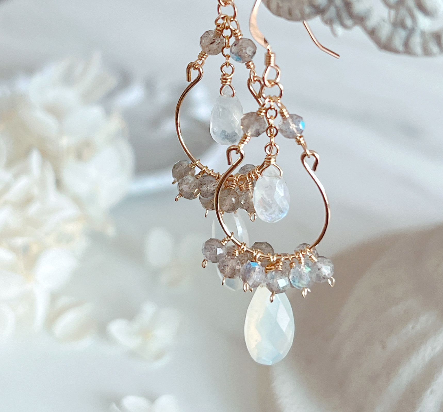 *再販＊【14kgf】ムーンストーン×ラブラドライト＊シャンデリアピアス