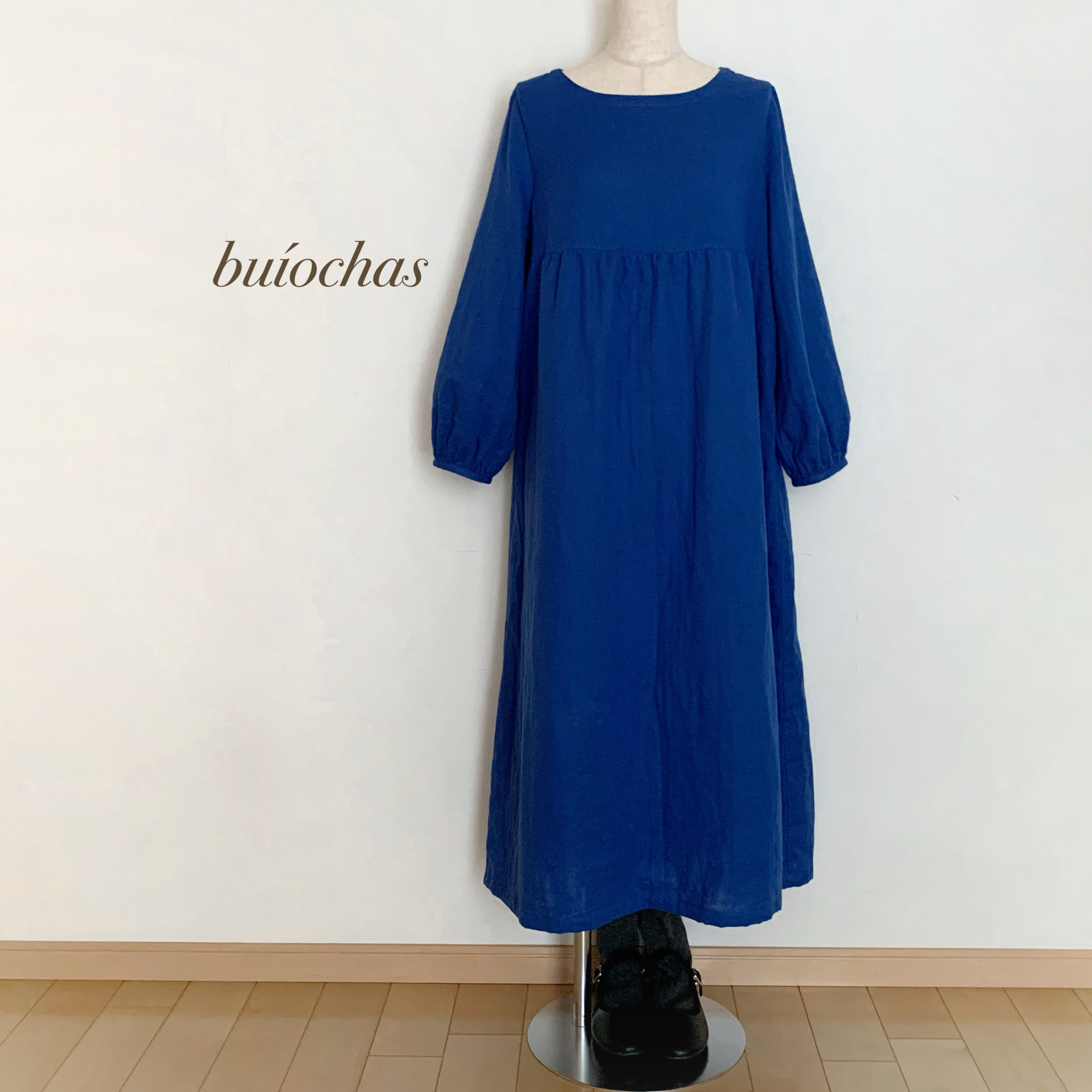 【GUCCI】美品　ローウエスト切替ワンピース(青) Wガーゼ 胸元切り替えワンピース(royal blue) ワンピース