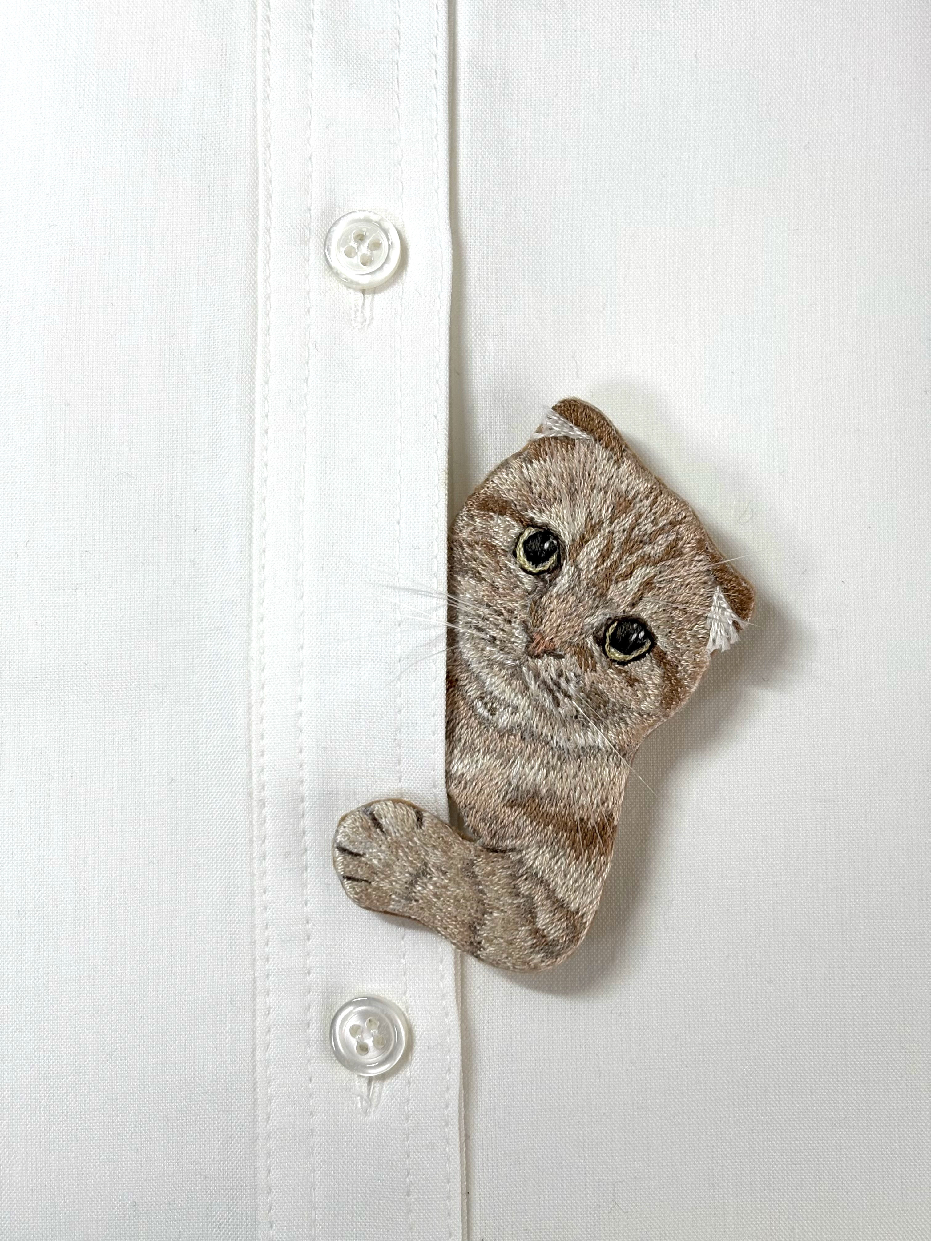 ネコ刺繍のブローチ【茶トラ　スコティッシュフォールド】