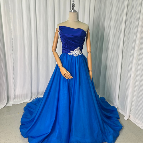 送料無料！高品質！青 ベアトップ プリンセスライン カラードレス 2次  