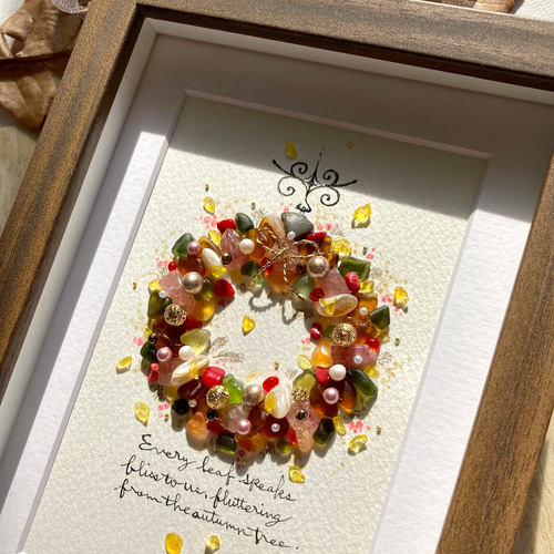 秋色のリース シーグラス／天然石／フレームアート／壁掛け／原画／秋