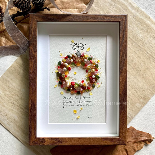 秋色のリース シーグラス／天然石／フレームアート／壁掛け／原画／秋