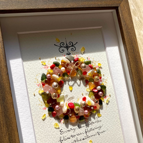 秋色のリース シーグラス／天然石／フレームアート／壁掛け／原画／秋