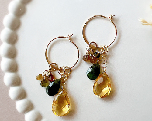 シトリンの煌めくフープピアス 天然石 11月誕生石 シトリン 秋