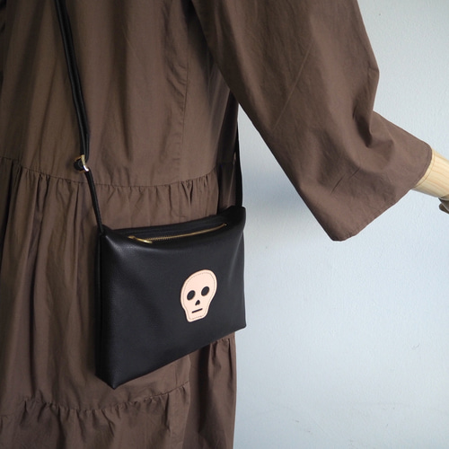 ミニショルダーバッグ（スカル パッチワーク / ブラック） 本革 スマホ  