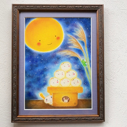 オイルパステル画　月夜のうさぎたち　ご予約品 オイルパステル画 月に帰るうさぎたち ご予約品 絵画 ポスト カード