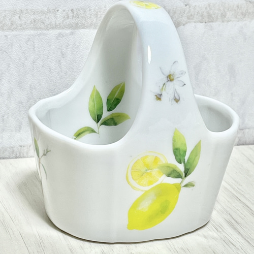 爽やかレモン＊バスケット型小物入れ インテリア雑貨 置き物 白磁