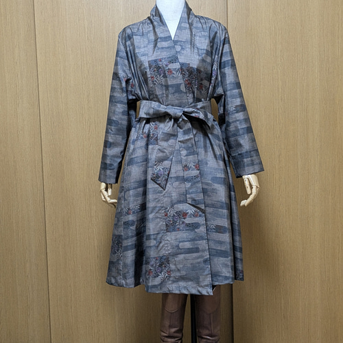 着物リメイク フレアーコートワンピース 大島紬 FREE SIZE スプリング  