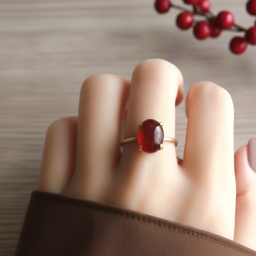 赤メノウの存在感あるリング＊シルバー925（18kGP）＊サイズフリー・9
