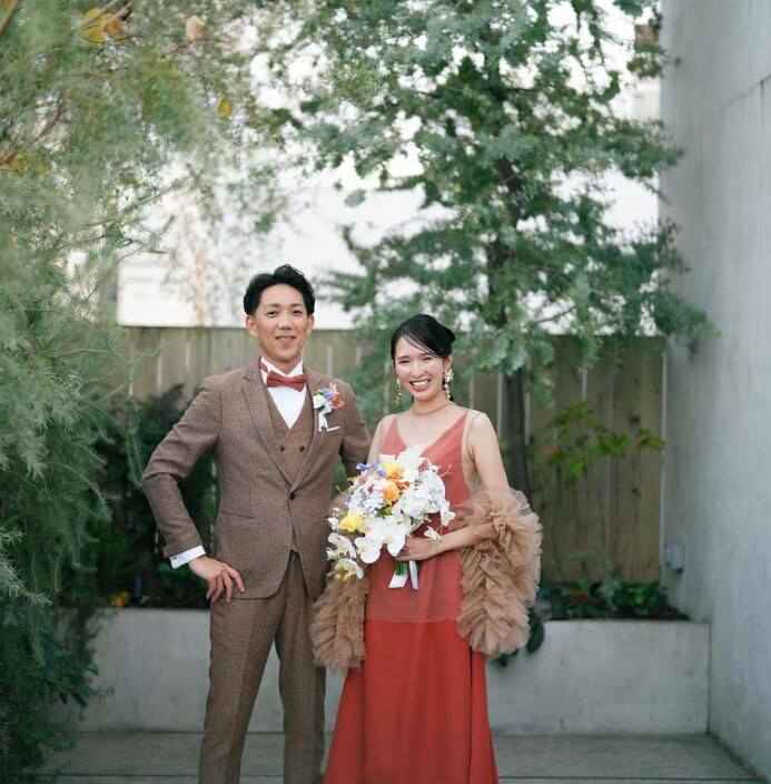 実例写真！パーティードレス テラコッタ色 ツーピース  披露宴/結婚式 ブライダル 大人っぽい エレガント