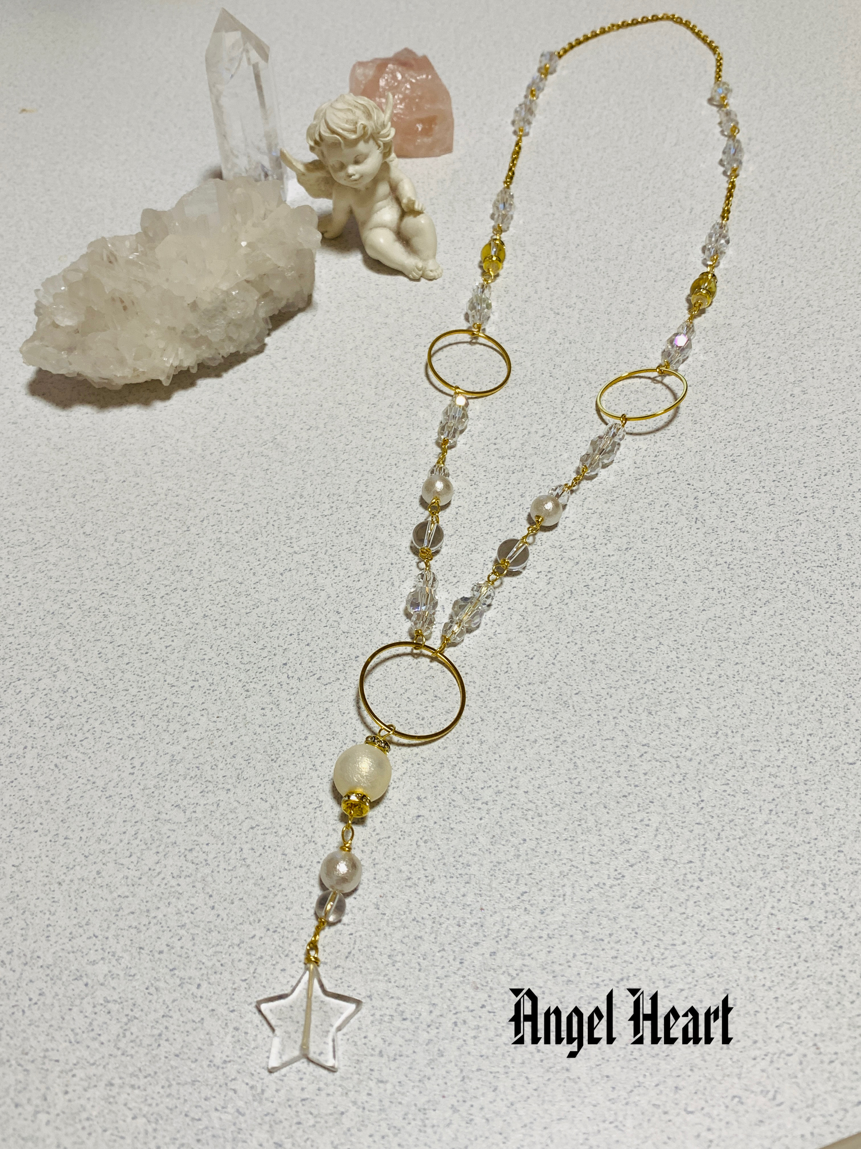 天然石　水晶　星　コットンパール　キラキラビーズのネックレス　サージカルステンレス　GOLD ～Angel　Heart～