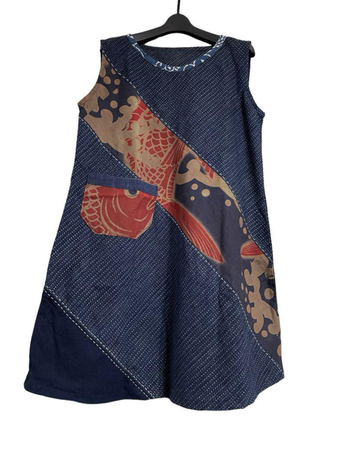 送料無料 着物 リメイク 書生絣 久留米絣 大漁旗 切り替えワンピース フリー ハンドメイド