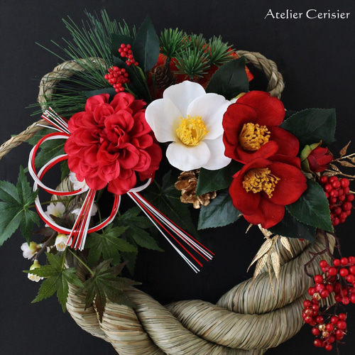 しめ縄 バラレッド お正月飾り しめ縄リース しめ飾り 紅白 正月飾り