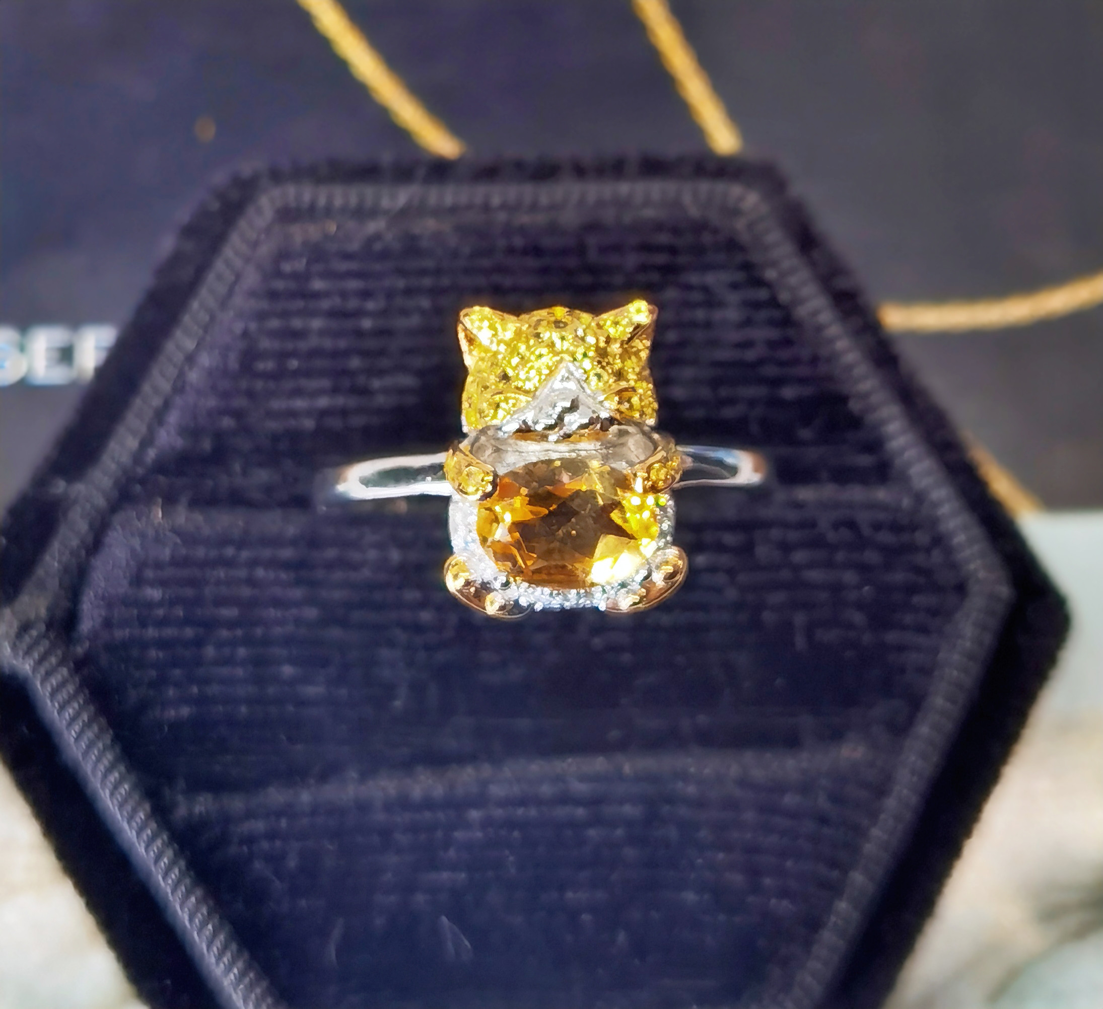 金「運」を守る我が家の猫☆天然シトリン　銀925リング