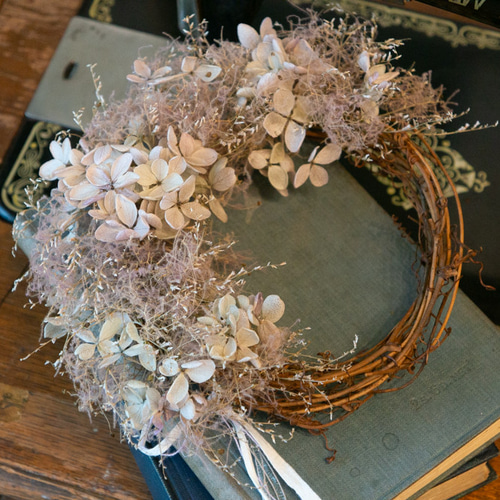 アンティーク風 あじさいとスモークツリーのハーフリース ピンク