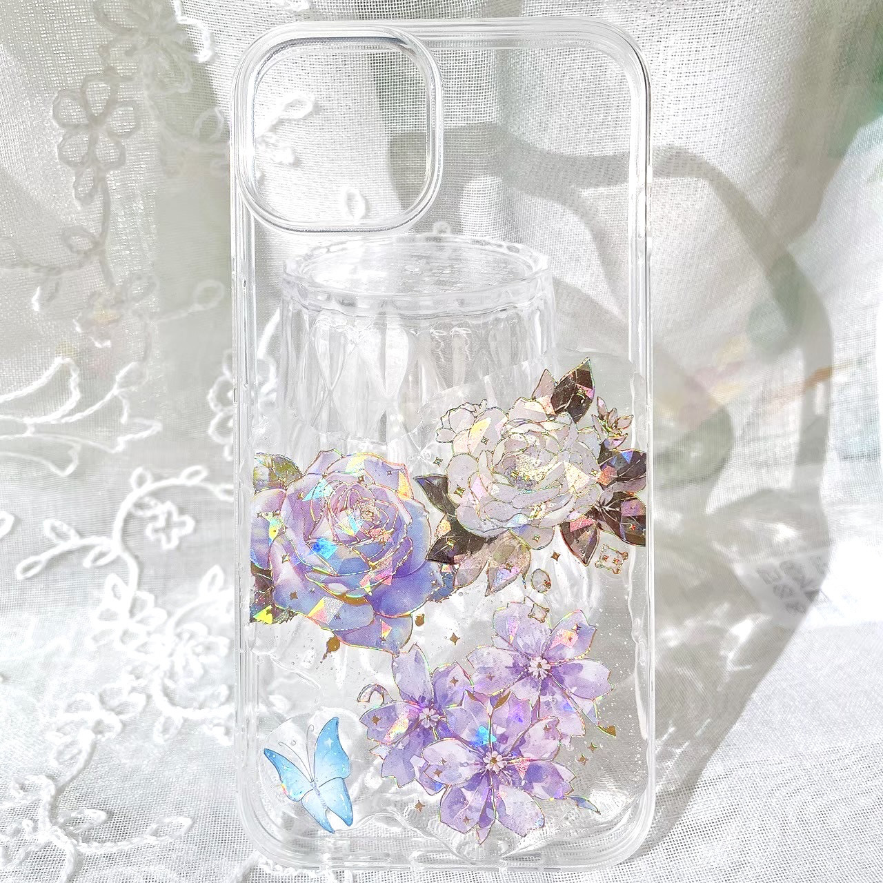 iPhone13/14 レジンスマホケース　ハンドメイド　バラ蝶々柄　パープル　iPhoneケース　スマホケース