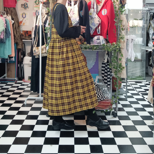 タータンチェック ギャザーフレアロングワンピース:イエロー