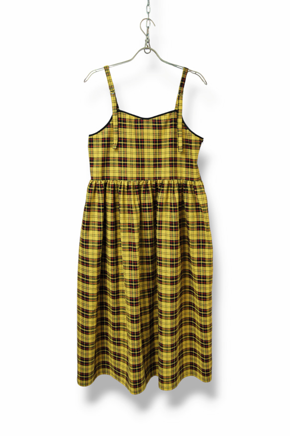 タータンチェック ギャザーフレアロングワンピース:イエロー