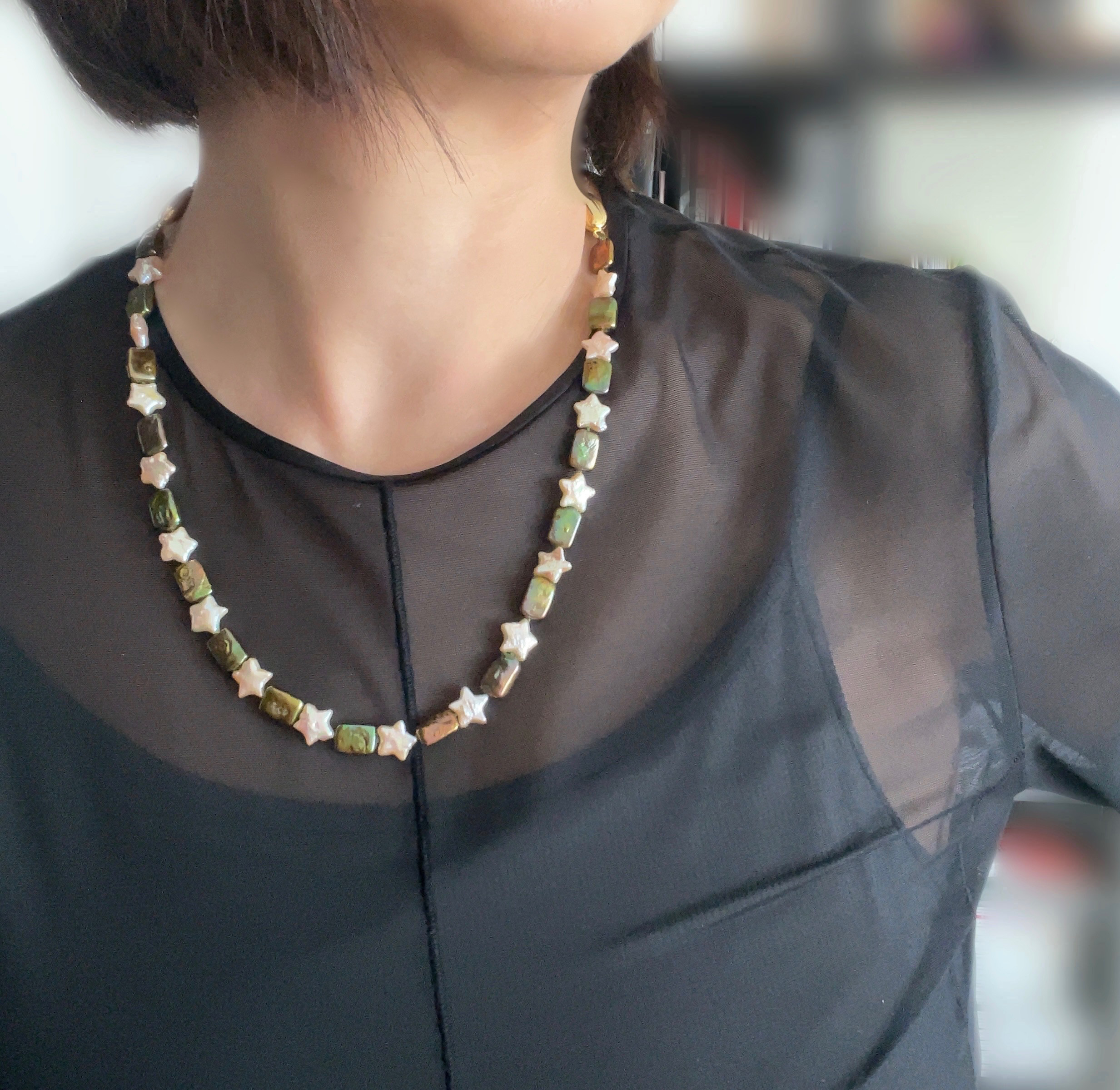 星型パールとグリーンのレクタングル チョーカーネックレス&ブレスレットのセット　１点のみ