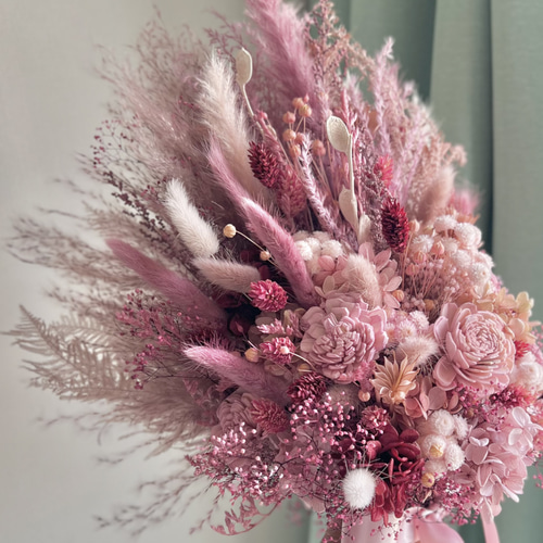 くすみピンクのもふもふブーケ プリザーブドフラワー ドライフラワー