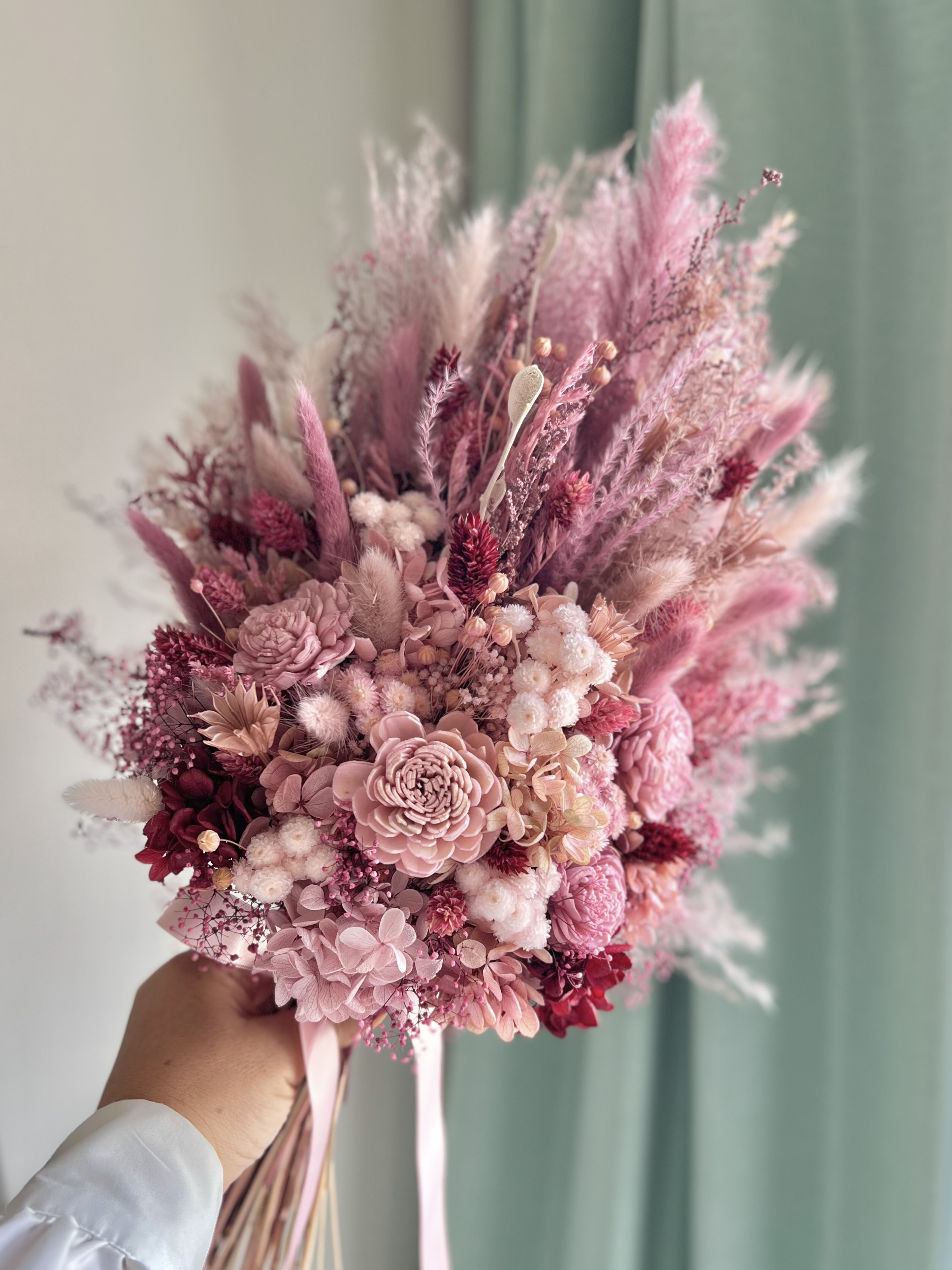 くすみピンクのもふもふブーケ プリザーブドフラワー ドライフラワー