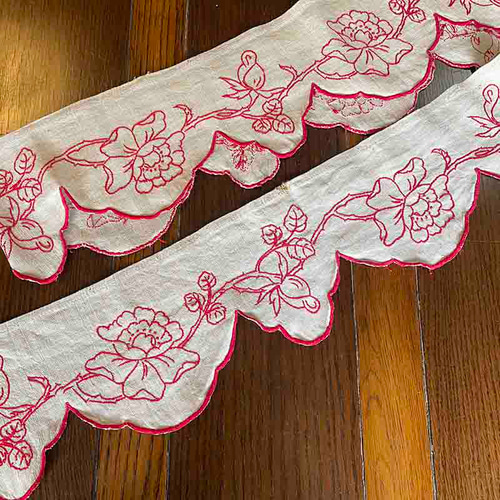 棚飾り トリム 赤糸刺繍 麻生地 フランス 植物刺繍 12cldr17 リボン