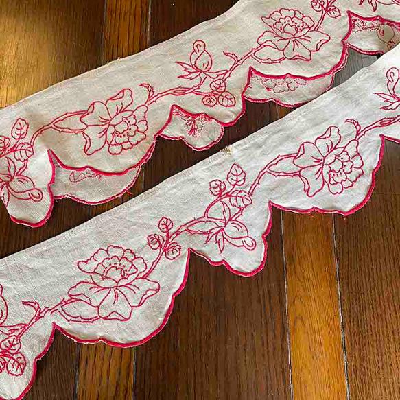 フランス　アンティーク　棚飾り布　レース生地　リネン　手刺繍 フランス アンティーク 棚飾り布 レース生地 リネン 手刺繍 キッチン