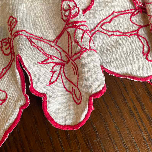 棚飾り トリム 赤糸刺繍 麻生地 フランス 植物刺繍 12cldr17 リボン