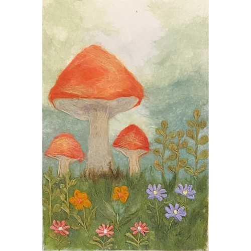 和紙ちぎり絵『きのこと小花』葉書サイズ原画 絵画 彩紘工房