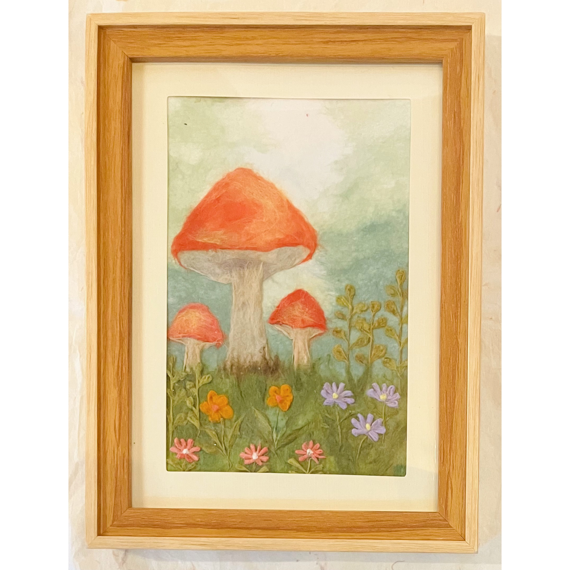 和紙ちぎり絵『きのこと小花』葉書サイズ原画 絵画 彩紘工房