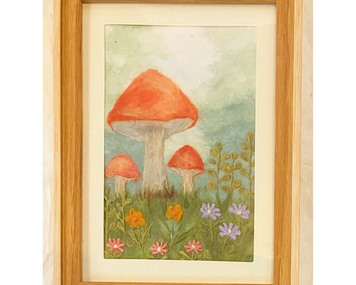 絵画　小原和紙　【野菊】 和紙ちぎり絵『きのこと小花』葉書サイズ原画 絵画 彩紘工房