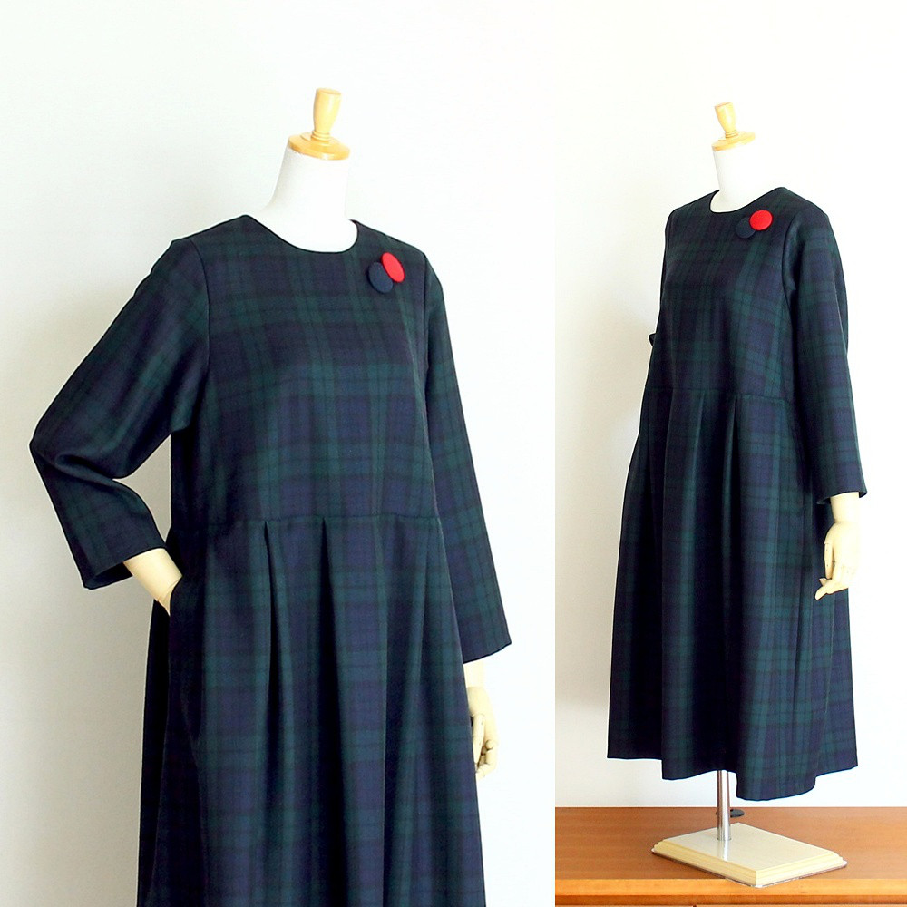 c_o_c_o_r_o　尾州ウール　タ－タンチェック（ブラックウォッチ）ウエスト切り替えＡラインワンピース
